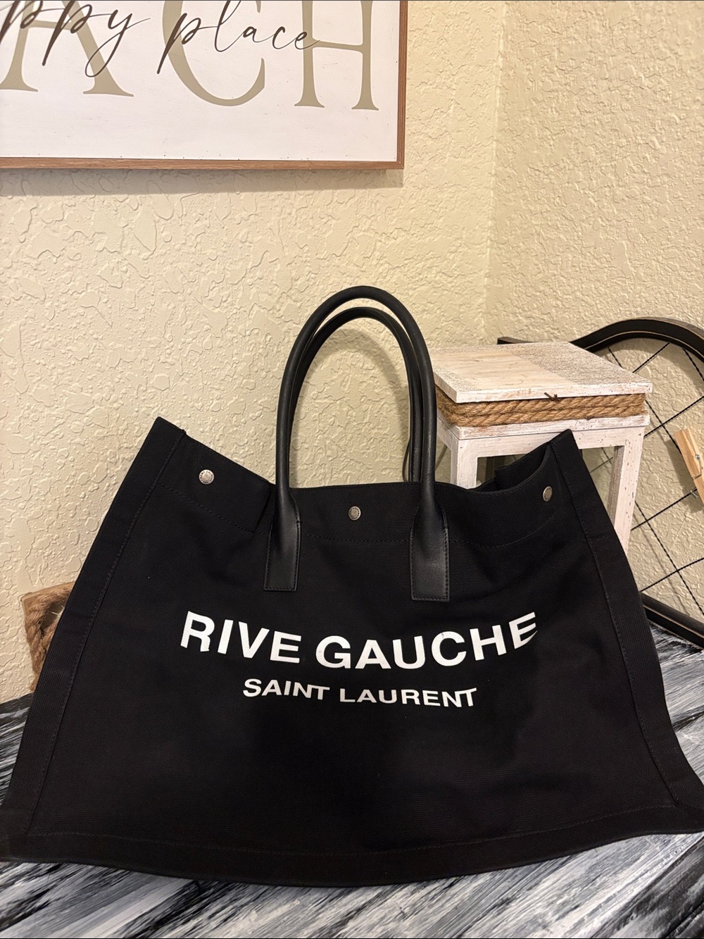 Saint Laurent Black 'Rive Gauche' Canvas Tote with White Logo